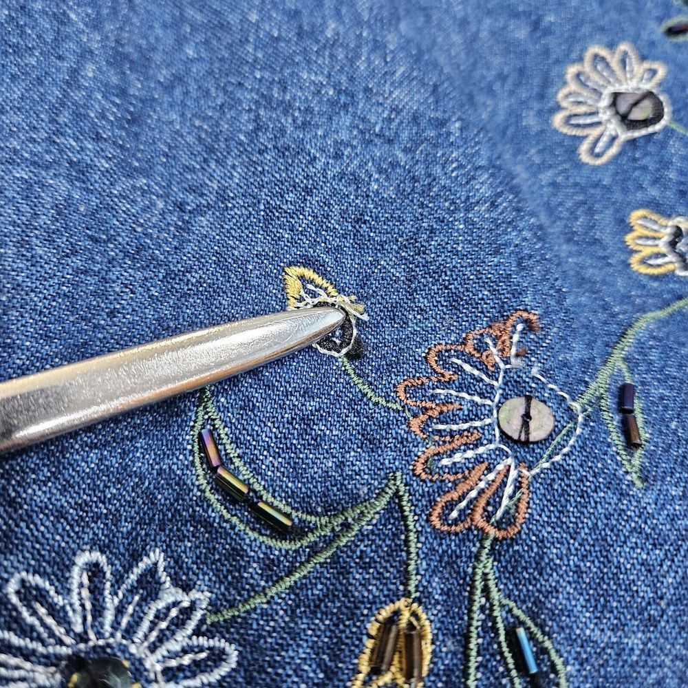 MPH Collection 90's Denim Jumper Dress Women XL Jean Floral Embroidery Beaded - Picture 3 of 12